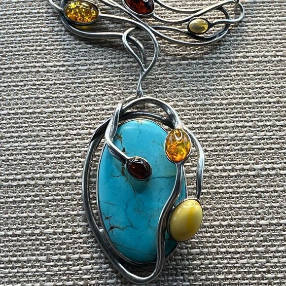 Turquoise and multi color Amber 925 Art Deco design necklace. - Picture 2 of 8